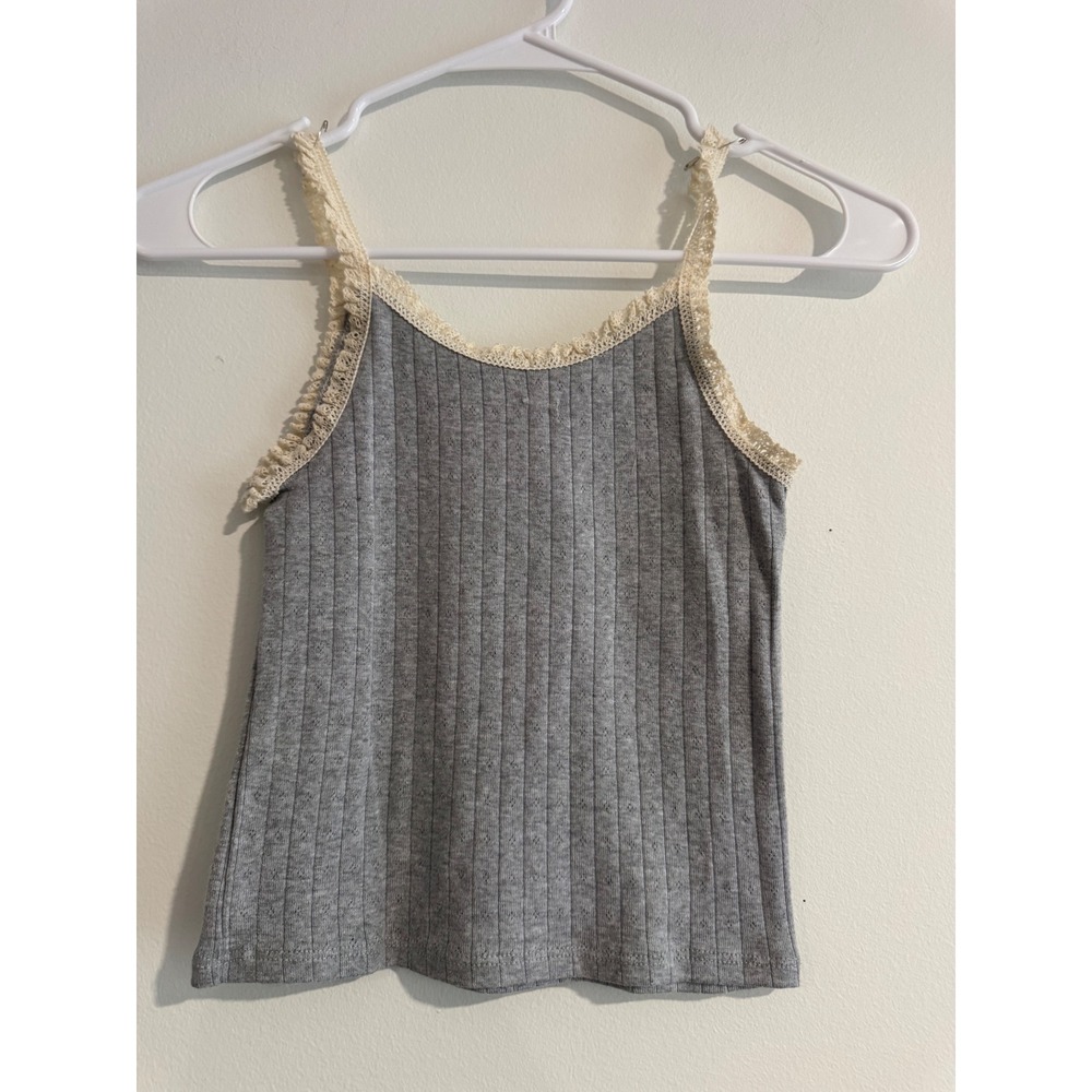 Art Class Ribbed Pointelle Lace‎ Tank Top Girls S 6/7 Gray Cream Trim